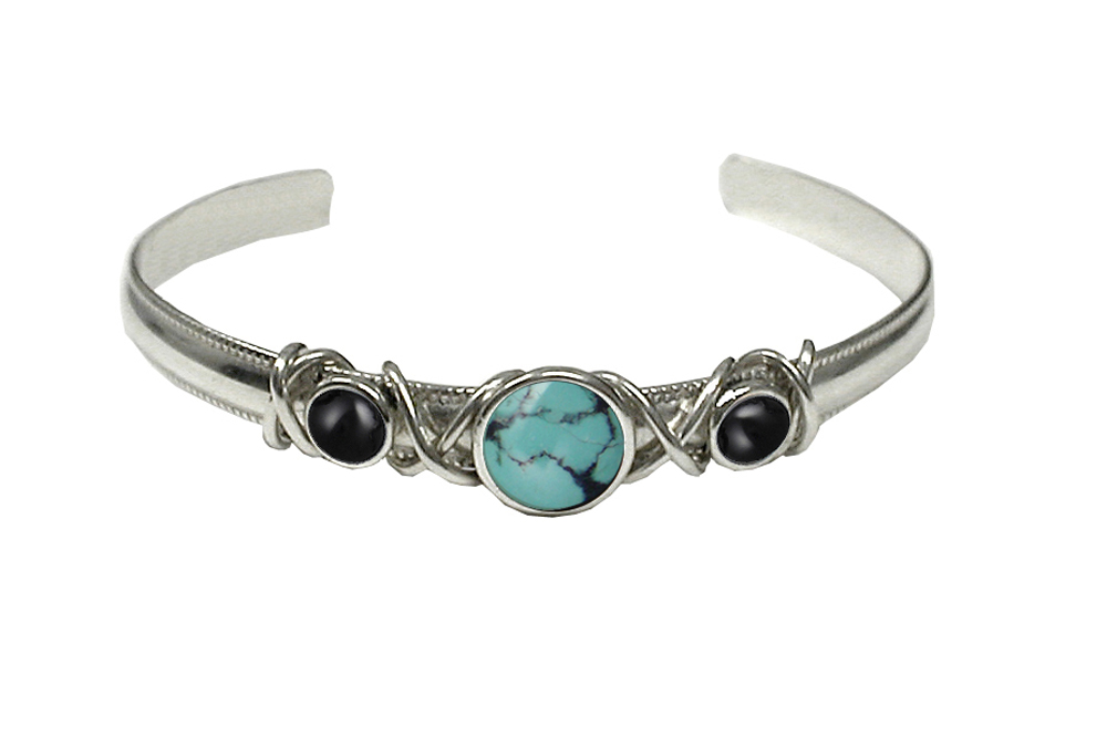 Sterling Silver Cuff Bracelet With Chinese Turquoise And Black Onyx